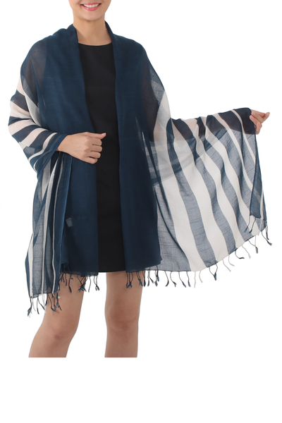 Cotton shawl, 'Cool Stripes in Navy' - Handwoven Striped Cotton Shawl in Navy from Thailand