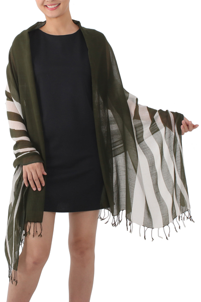 Cotton shawl, 'Cool Stripes in Olive' - Handwoven Striped Cotton Shawl in Olive from Thailand