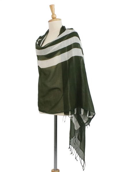 Cotton shawl, 'Cool Stripes in Olive' - Handwoven Striped Cotton Shawl in Olive from Thailand