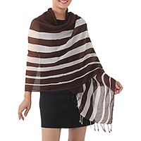 Cotton shawl, 'Cool Stripes in Espresso'