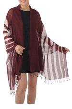 Cotton shawl, 'Cool Stripes in Maroon' - Handwoven Striped Cotton Shawl in Maroon from Thailand