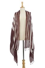 Cotton shawl, 'Cool Stripes in Maroon' - Handwoven Striped Cotton Shawl in Maroon from Thailand