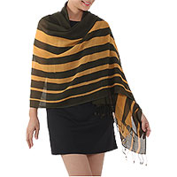 Cotton shawl, 'Cool Stripes in Amber' - Handwoven Striped Cotton Shawl in Amber from Thailand
