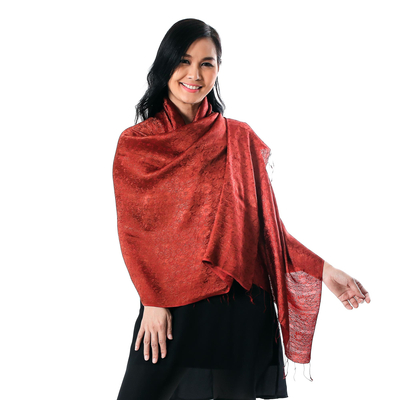 Rayon and silk blend shawl, 'Sweet Claret' - Floral Rayon and Silk Blend Shawl in Claret from Thailand