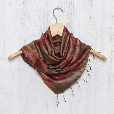 Tie-dyed silk scarf, 'Macaw Colors' - Tie-Dyed Silk Scarf in Claret and Avocado from Thailand