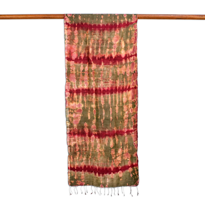 Tie-dyed silk scarf, 'Macaw Colors' - Tie-Dyed Silk Scarf in Claret and Avocado from Thailand