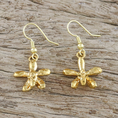 Gold plated orchid dangle earrings, 'Starry Orchids' - Gold Plated Orchid Flower Dangle Earrings from Thailand