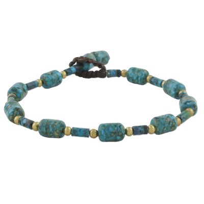 Brass beaded bracelet, 'Andaman Sea Tides' - Blue-Green Beaded Bracelet with Brass Accents