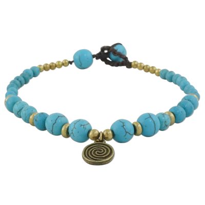 Brass beaded charm bracelet, 'Andaman Waves' - Turquoise Colored Bead Bracelet with Brass Charm