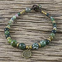 Agate beaded bracelet, 'Ko Samui Waves' - Multicolored Agate and Brass Bracelet with Button Clasp