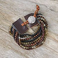 Pulsera con cuentas de piedras preciosas múltiples, 'Exotic Hill Tribe' - Pulsera con cuentas de piedras preciosas múltiples con acento de cuero de Tailandia