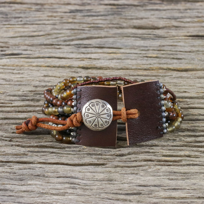 Multi-gemstone beaded bracelet, 'Exotic Hill Tribe' - Leather Accent Multi-Gemstone Beaded Bracelet from Thailand