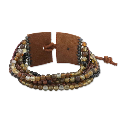 Multi-gemstone beaded bracelet, 'Exotic Hill Tribe' - Leather Accent Multi-Gemstone Beaded Bracelet from Thailand