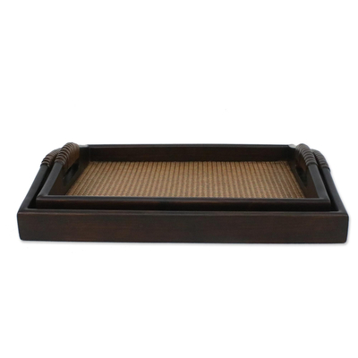 Wood nesting trays, 'Lanna Luxury' (pair) - Mango wood and Rattan Trays in Dark Brown (Pair)