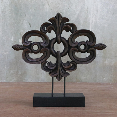 Wood sculpture, 'Lanna Arabesque in Brown' - Brown Wood Sculpture on Black Base Handmade in Thailand