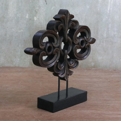 Wood sculpture, 'Lanna Arabesque in Brown' - Brown Wood Sculpture on Black Base Handmade in Thailand