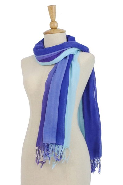 Cotton scarves, 'Seaside Breeze' (pair) - Striped Cotton Wrap Scarves in Blue from Thailand (Pair)