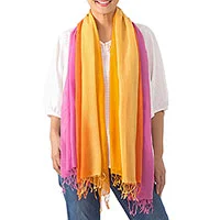 Cotton scarves, 'Sunrise Breeze' (pair) - Handwoven Bright Striped Cotton Wrap Scarves (Pair)