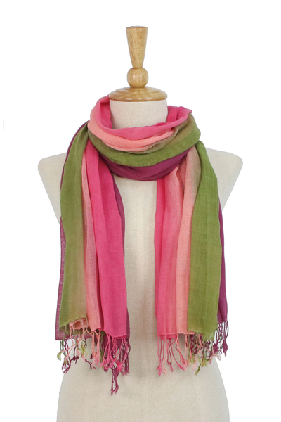 Cotton scarves, 'Grove Breeze' (pair) - Cotton Scarves in Pink and Green from Thailand (Pair)