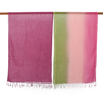 Cotton scarves, 'Grove Breeze' (pair) - Cotton Scarves in Pink and Green from Thailand (Pair)