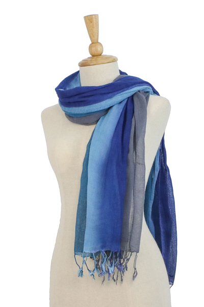 Cotton scarves, 'Riverside Breeze' (pair) - Handwoven Fringed Blue Cotton Scarves from Thailand (Pair)