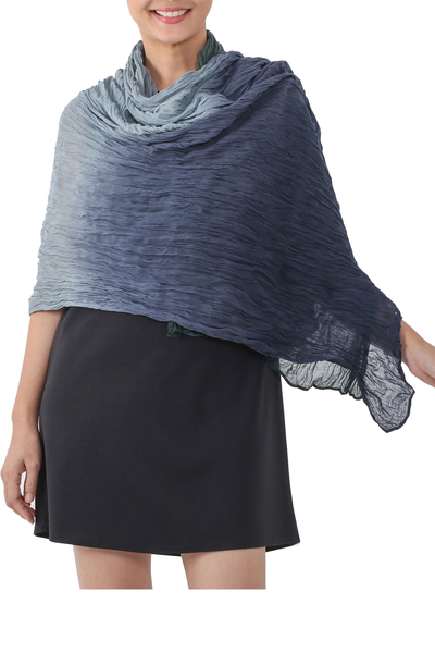 Cotton shawl, 'Peaceful Day' - Cotton Shawl in Midnight and Pine Green from Thailand