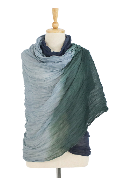 Cotton shawl, 'Peaceful Day' - Cotton Shawl in Midnight and Pine Green from Thailand