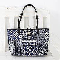 Leather accent cotton blend shoulder bag, 'Sapphire Geometry' - Sapphire Patchwork Cotton Blend Shoulder Bag from Thailand