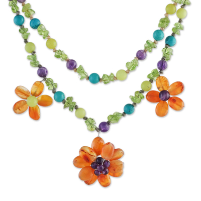 Carnelian Multi-Gemstone Floral Necklace from Thailand