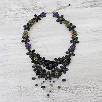 Multi-gemstone pendant necklace, 'Garland Bloom in Black' - Floral Multi-Gemstone Necklace in Black from Thailand