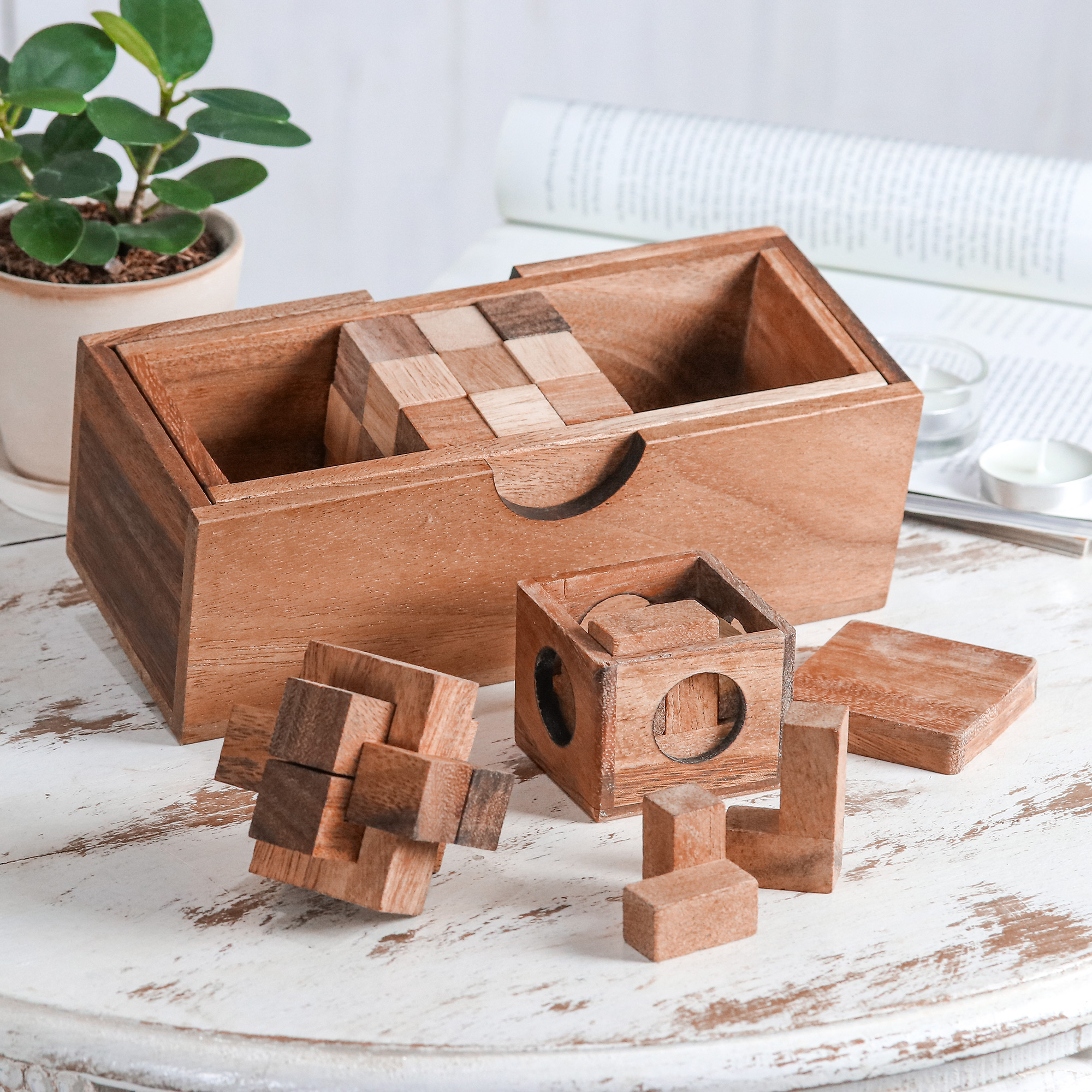 Set of Three Handcrafted Wood Puzzles from Thailand - Three Puzzles