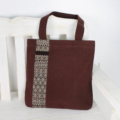 Cotton tote bag, 'Chiang Mai Lanna' - Embroidered Thai Style Brown Cotton Tote Bag
