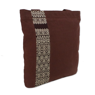 Cotton tote bag, 'Chiang Mai Lanna' - Embroidered Thai Style Brown Cotton Tote Bag