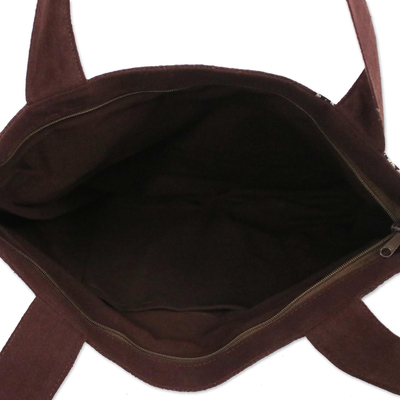 Bolso tote de algodón - Tote bag de algodón marrón bordado estilo tailandés