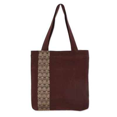 Cotton tote bag, 'Chiang Mai Blossom' - Tote Bag in Brown Cotton with Cream Embroidery