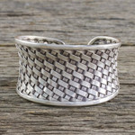 Sterling silver cuff bracelet, 'Basketwork' - Woven Texture Sterling Silver Cuff Bracelet for Women