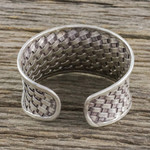 Sterling silver cuff bracelet, 'Basketwork' - Woven Texture Sterling Silver Cuff Bracelet for Women