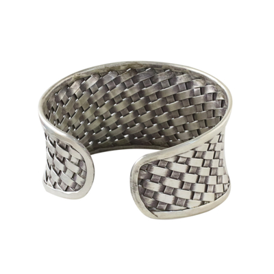 Sterling silver cuff bracelet, 'Basketwork' - Woven Texture Sterling Silver Cuff Bracelet for Women