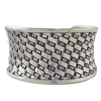 Sterling silver cuff bracelet, 'Basketwork' - Woven Texture Sterling Silver Cuff Bracelet for Women