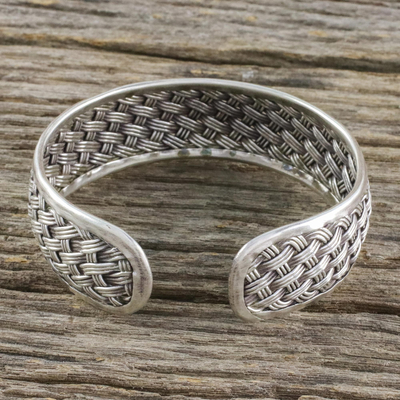 Sterling silver cuff bracelet, 'Tight Weave' - Handcrafted Sterling Silver Cuff Bracelet from Thailand