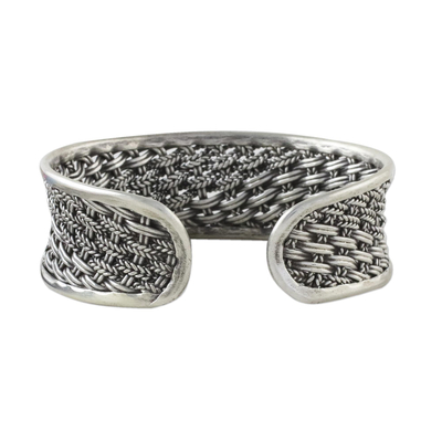 Sterling silver cuff bracelet, 'Tropical Weave' - Handcrafted Sterling Silver Cuff Bracelet from Thailand