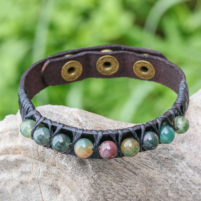 Agate and leather wristband bracelet, 'Rock Walk' - Bohemian Leather and Agate Bead Wristband Bracelet