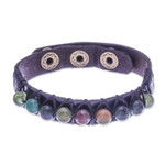 Agate and leather wristband bracelet, 'Rock Walk' - Bohemian Leather and Agate Bead Wristband Bracelet