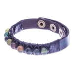 Agate and leather wristband bracelet, 'Rock Walk' - Bohemian Leather and Agate Bead Wristband Bracelet