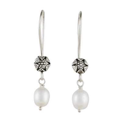Cultured pearl dangle earrings, 'Emerging Buds' - White Cultured Pearl Flower Dangle Earrings
