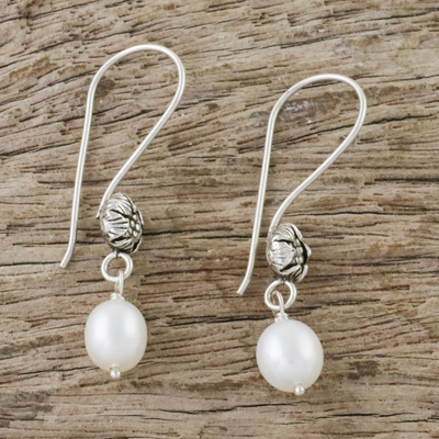 Cultured pearl dangle earrings, 'Emerging Buds' - White Cultured Pearl Flower Dangle Earrings