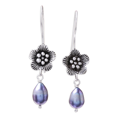 Cultured pearl dangle earrings, 'Apricot Blossom' - Floral Cultured Pearl Dangle Earrings from Thailand