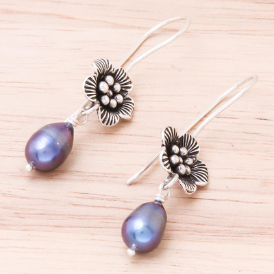 Cultured pearl dangle earrings, 'Apricot Blossom' - Floral Cultured Pearl Dangle Earrings from Thailand
