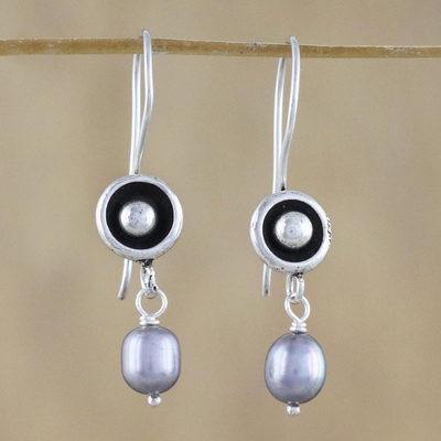 Cultured pearl dangle earrings, 'Punctuation in Grey' - Cultured Grey Pearl and Sterling Silver Earrings