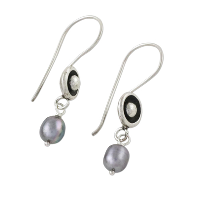 Cultured pearl dangle earrings, 'Punctuation in Grey' - Cultured Grey Pearl and Sterling Silver Earrings